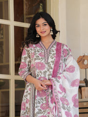 Maluka Women Grey Cotton Floral Printed Kurta Pant Dupatta Set