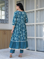 Maluka Women Cotton Printed Hand Work Kurta Pant With Dupatta Set