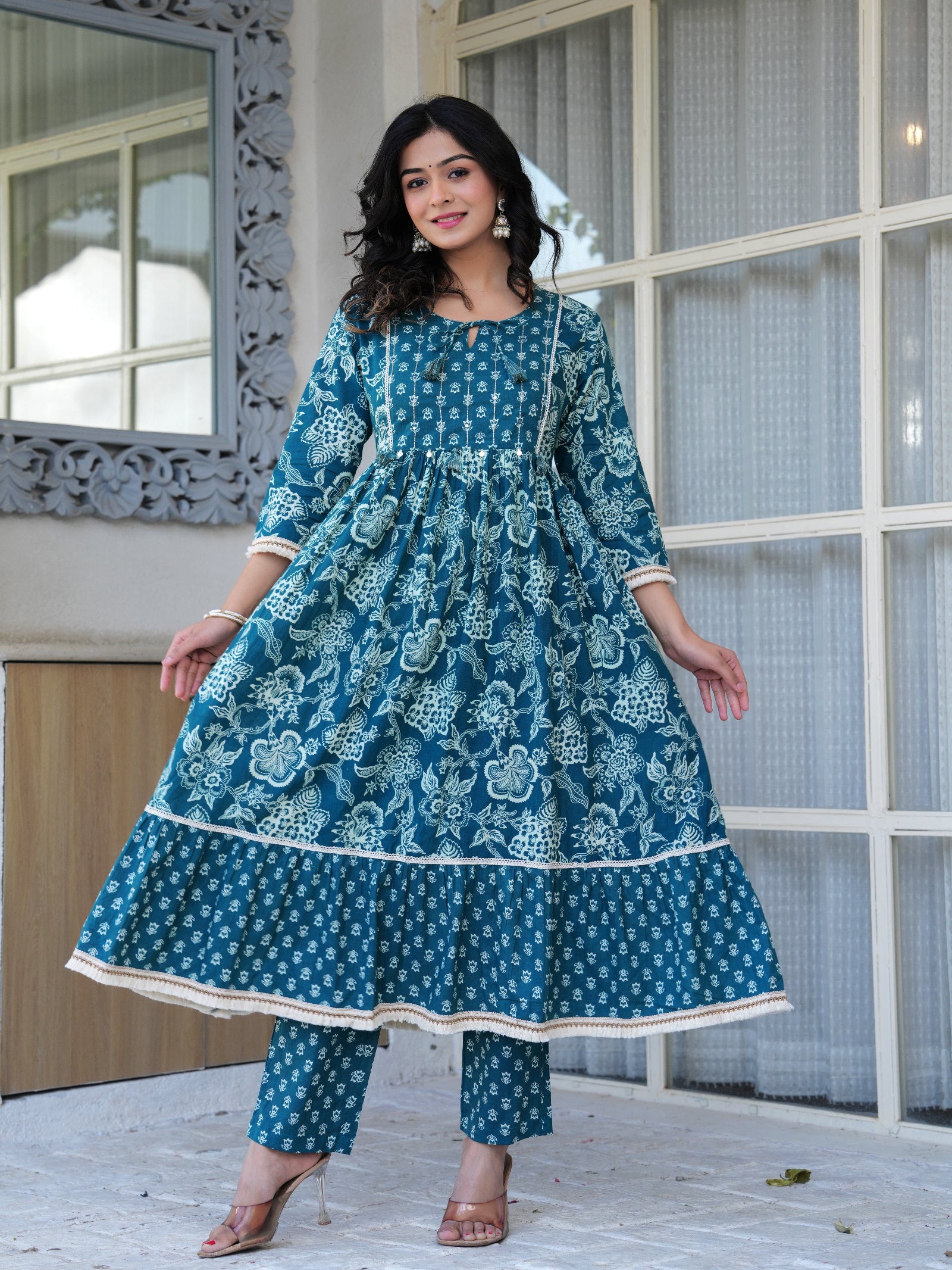 Maluka Women Cotton Printed Hand Work Kurta Pant With Dupatta Set