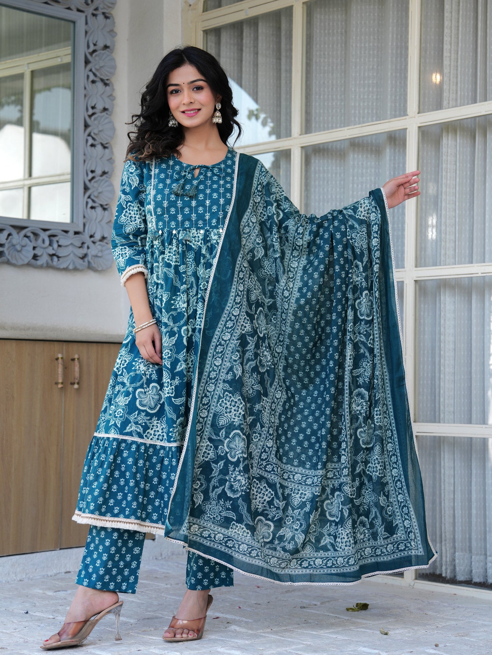 Maluka Women Cotton Printed Hand Work Kurta Pant With Dupatta Set