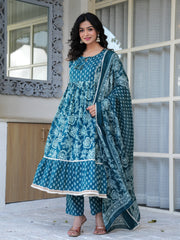 Maluka Women Cotton Printed Hand Work Kurta Pant With Dupatta Set