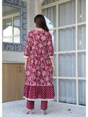 Maluka Women Cotton Maroon Kurta Pant Duptta Set