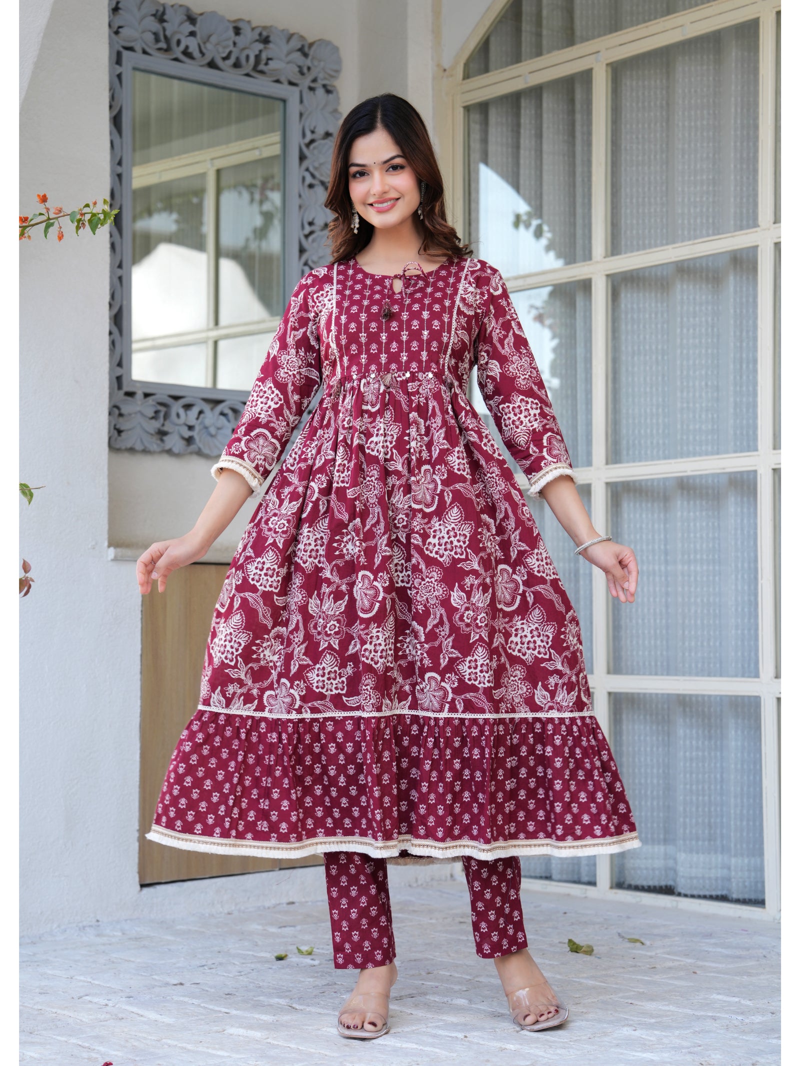 Maluka Women Cotton Maroon Kurta Pant Duptta Set