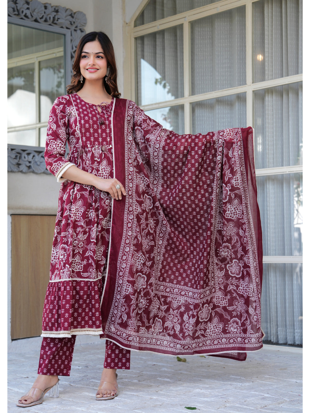 Maluka Women Cotton Maroon Kurta Pant Duptta Set