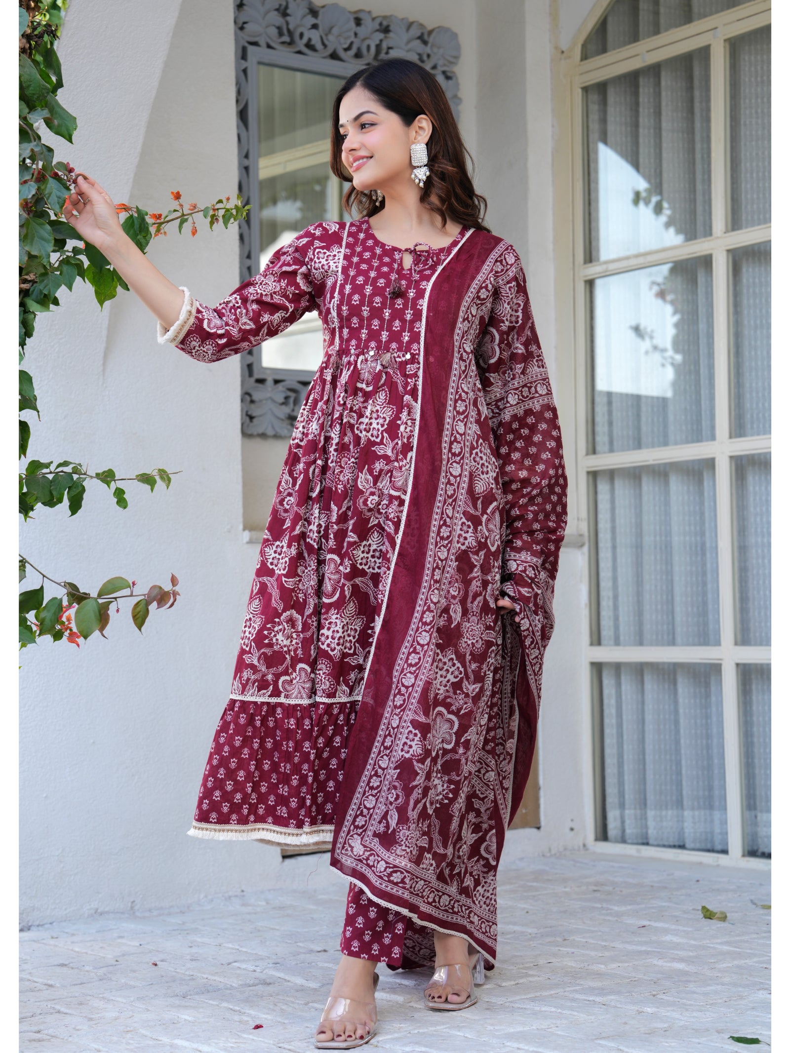 Maluka Women Cotton Maroon Kurta Pant Duptta Set