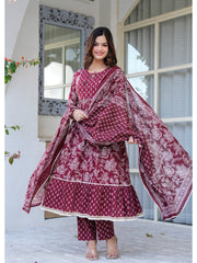 Maluka Women Cotton Maroon Kurta Pant Duptta Set