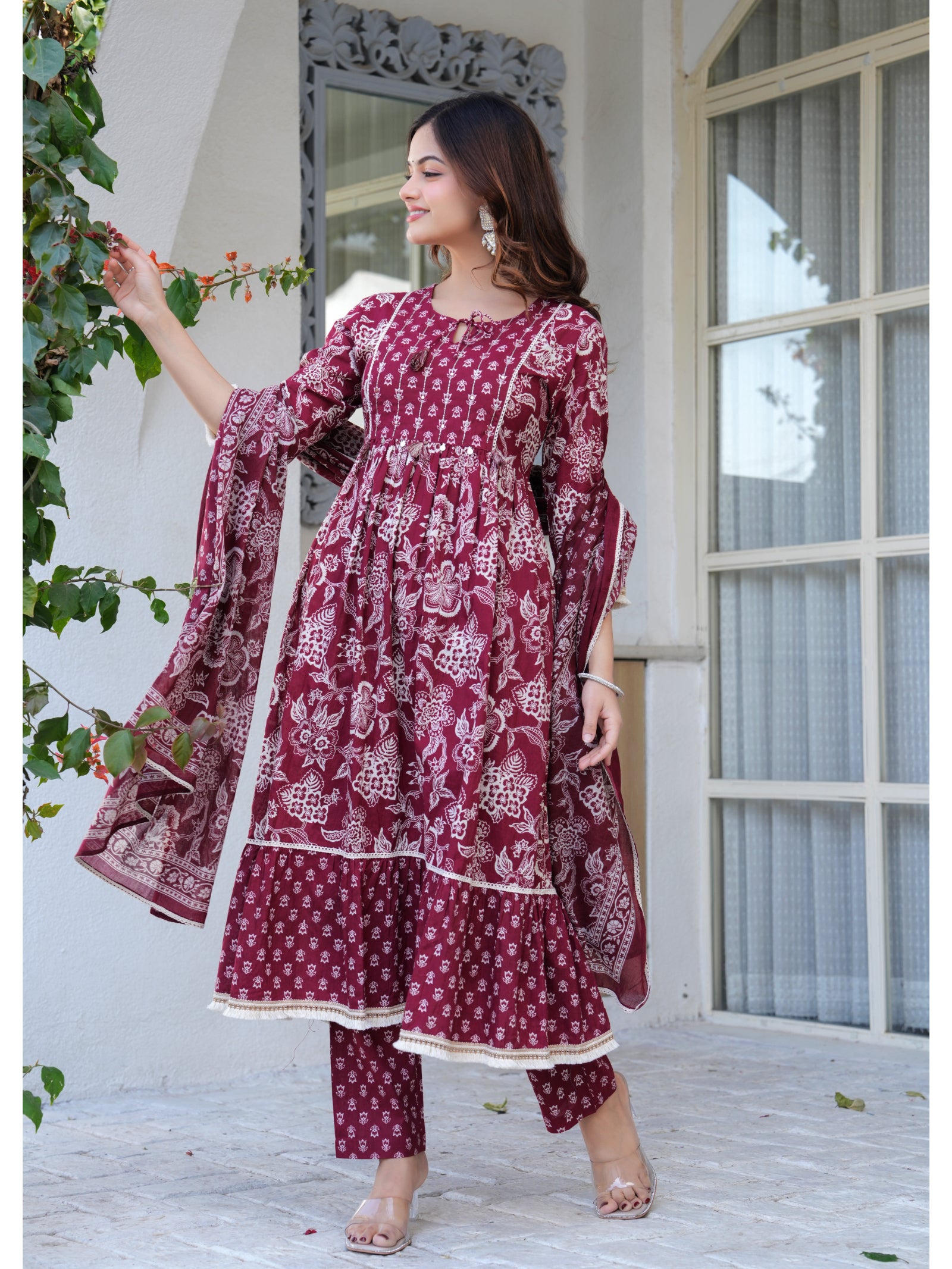 Maluka Women Cotton Maroon Kurta Pant Duptta Set