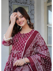 Maluka Women Cotton Maroon Kurta Pant Duptta Set