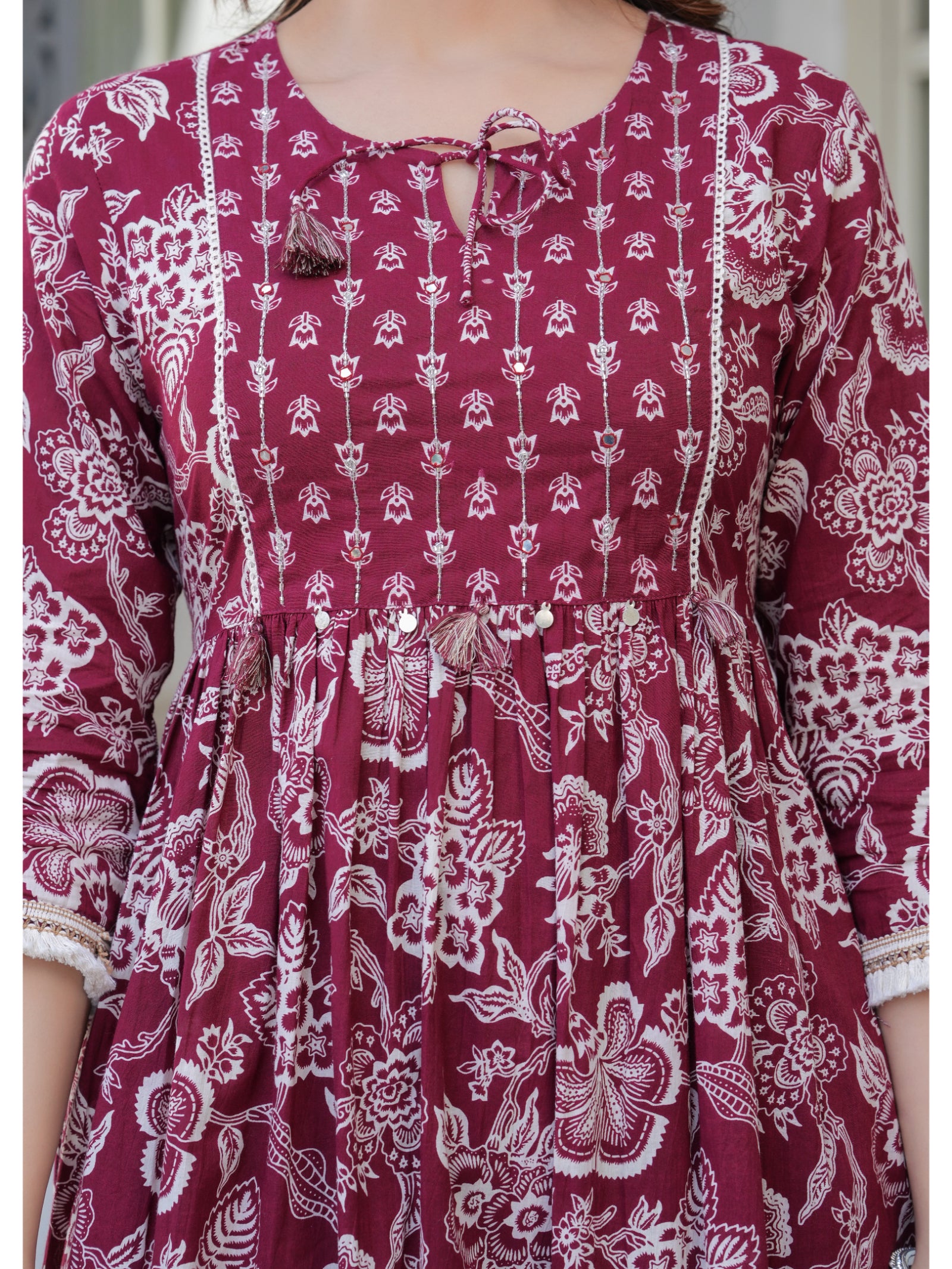 Maluka Women Cotton Maroon Kurta Pant Duptta Set