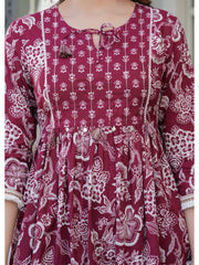 Maluka Women Cotton Maroon Kurta Pant Duptta Set