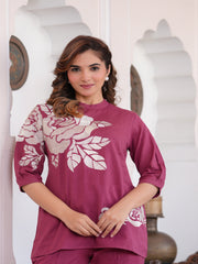 Maluka Women Dark Pink Cotton Flex Solid Floral Embroidery Co-Ord Set