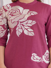 Maluka Women Dark Pink Cotton Flex Solid Floral Embroidery Co-Ord Set