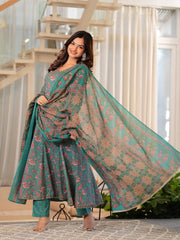 Maluka Women Grey Cotton  Printed Kurta Pant Dupatta Set