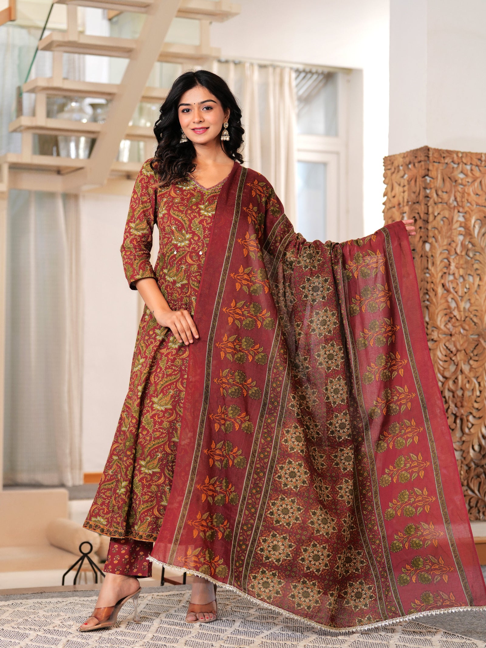 Maluka Women Maroon Cotton Printed Kurta Pant Dupatta Set