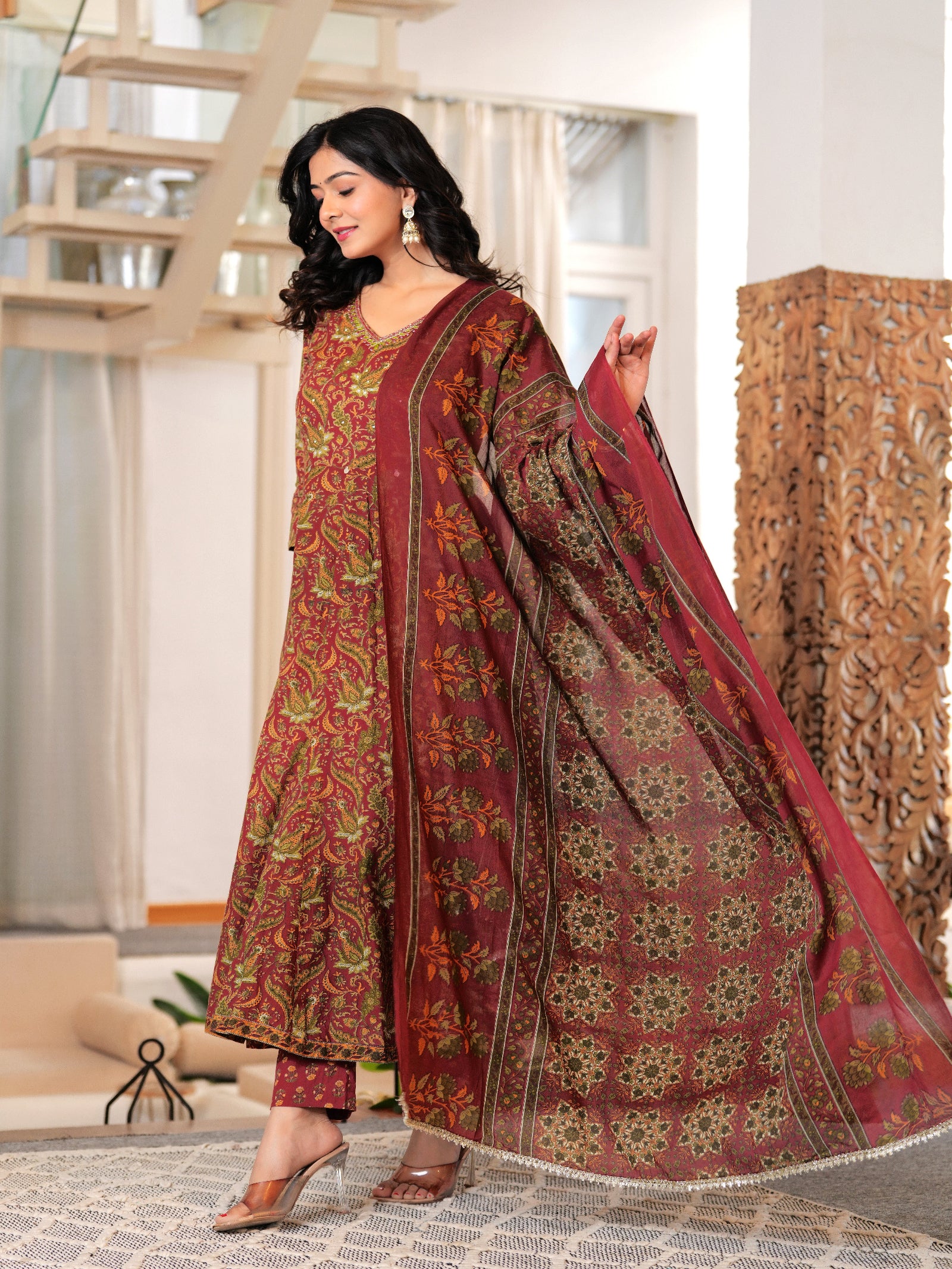 Maluka Women Maroon Cotton Printed Kurta Pant Dupatta Set