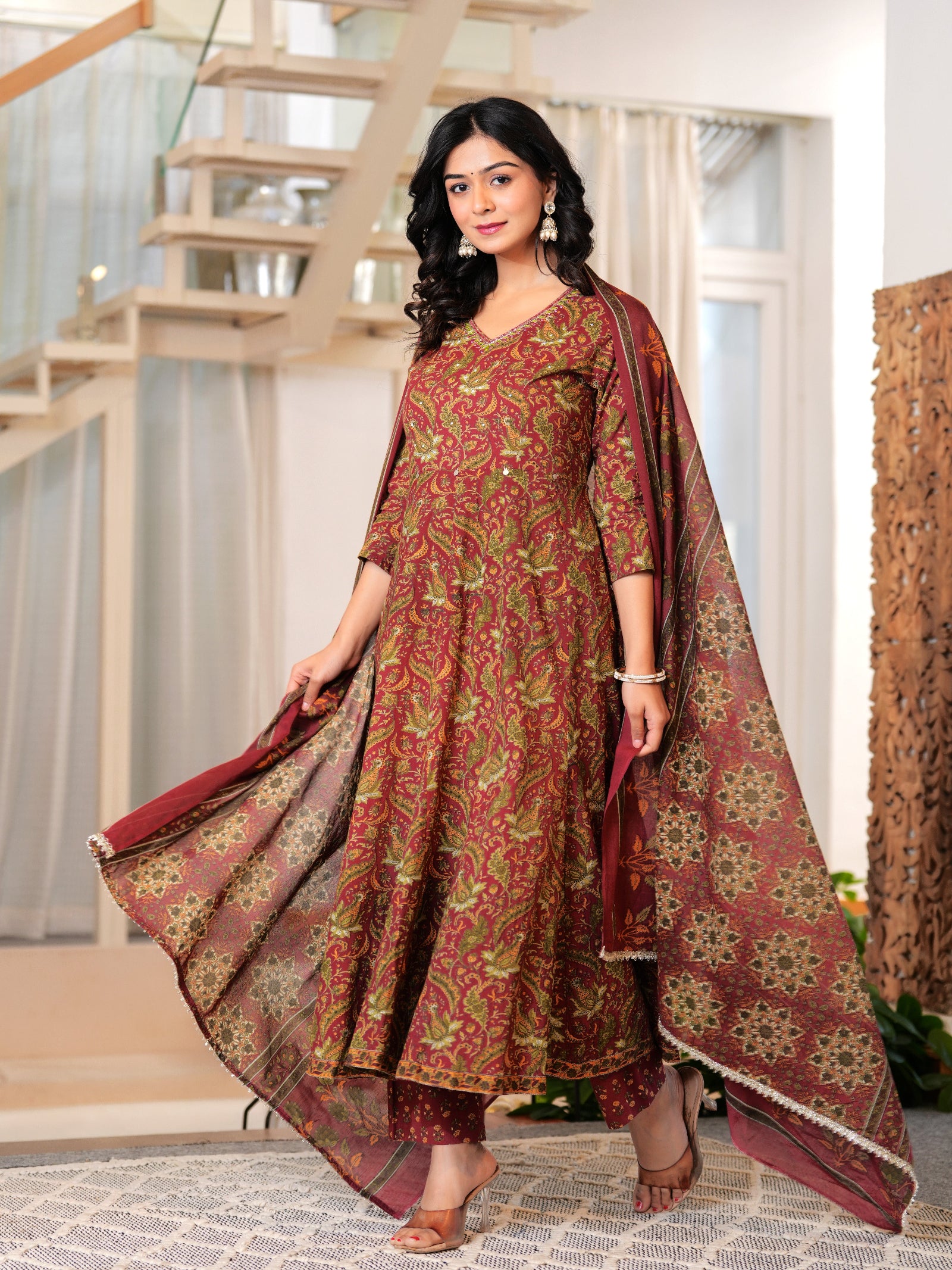 Maluka Women Maroon Cotton Printed Kurta Pant Dupatta Set