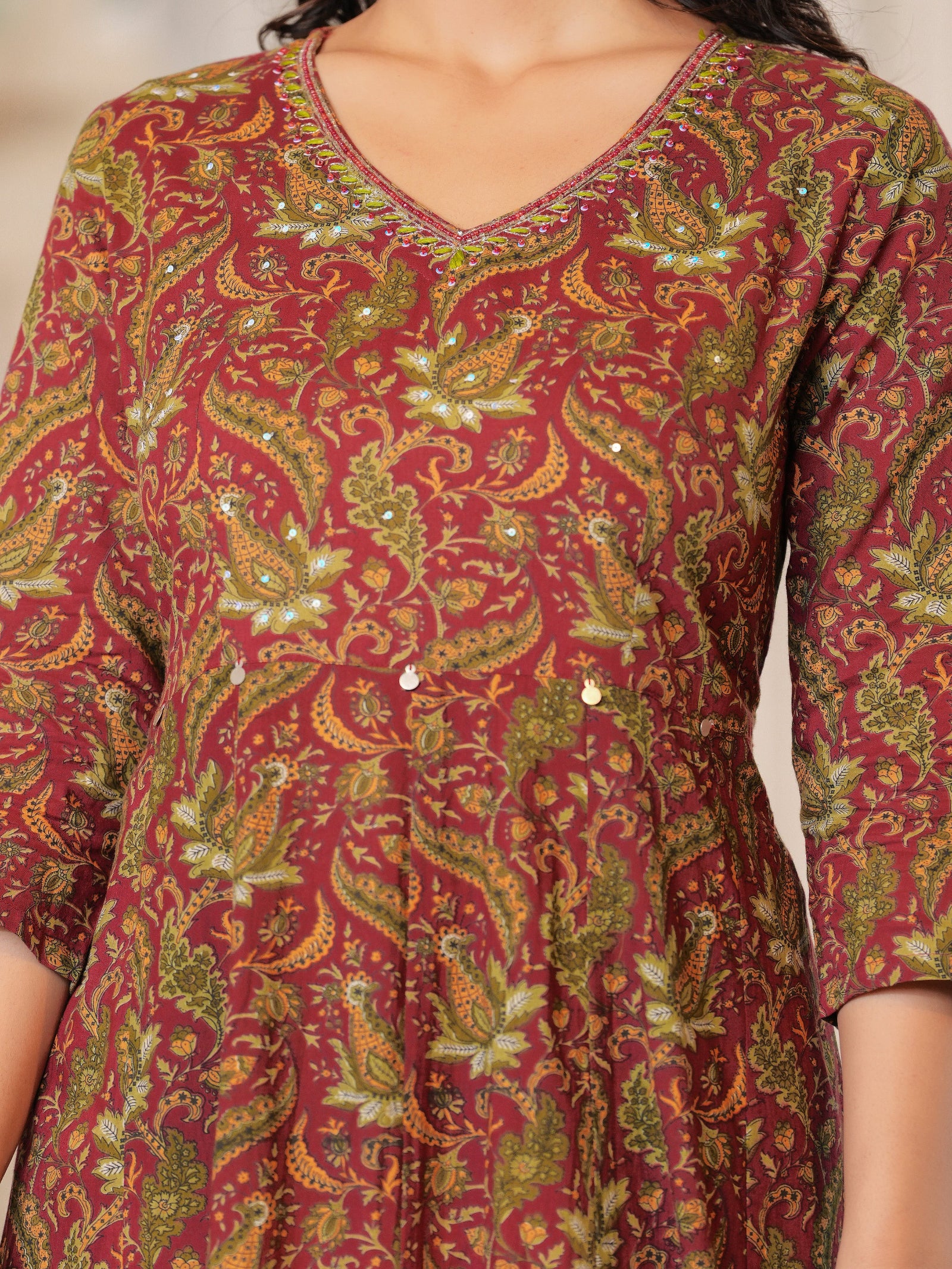 Maluka Women Maroon Cotton Printed Kurta Pant Dupatta Set