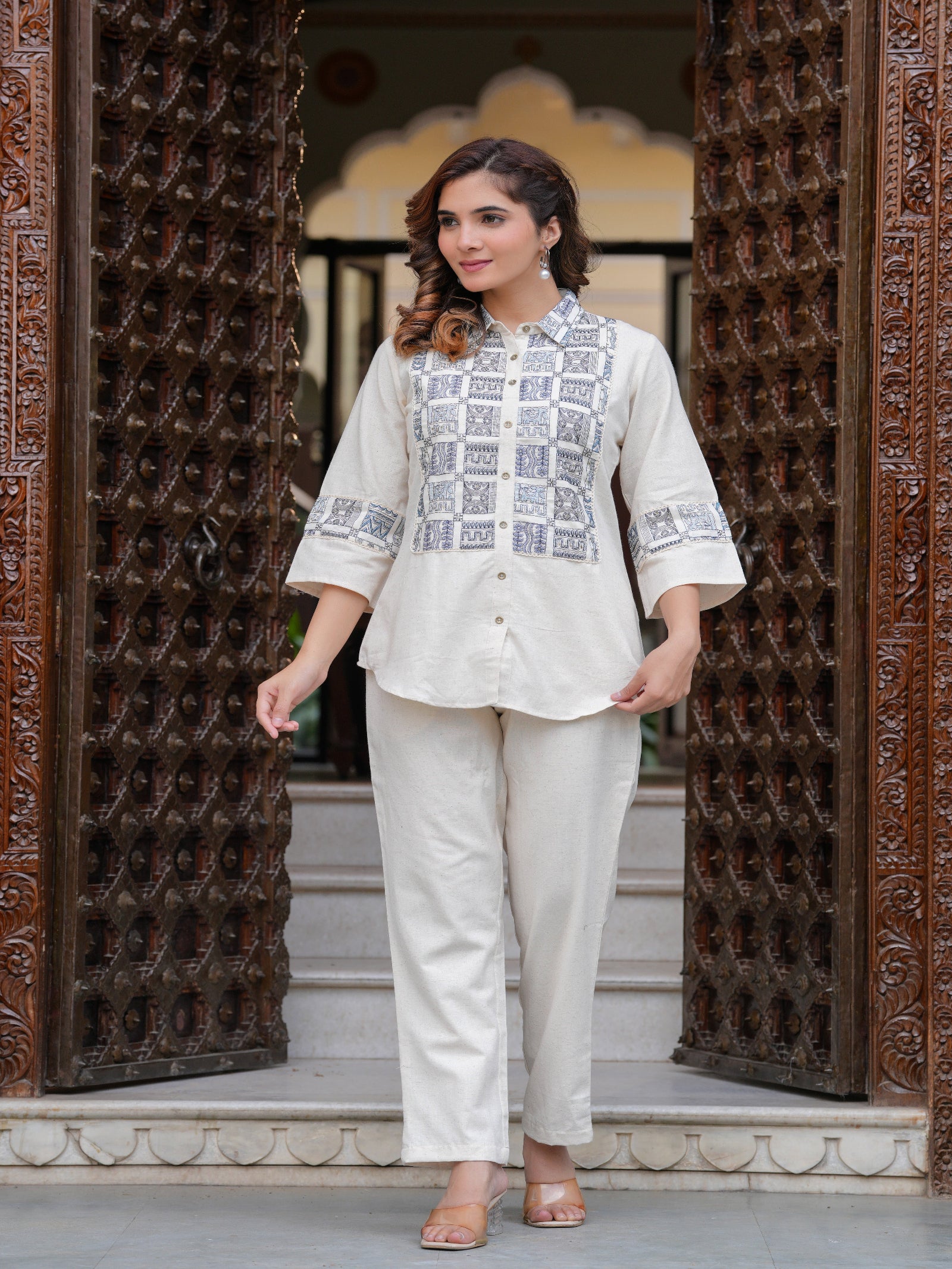 Maluka Women Cotton Flex Embroidery Off-White Co-Ord Set