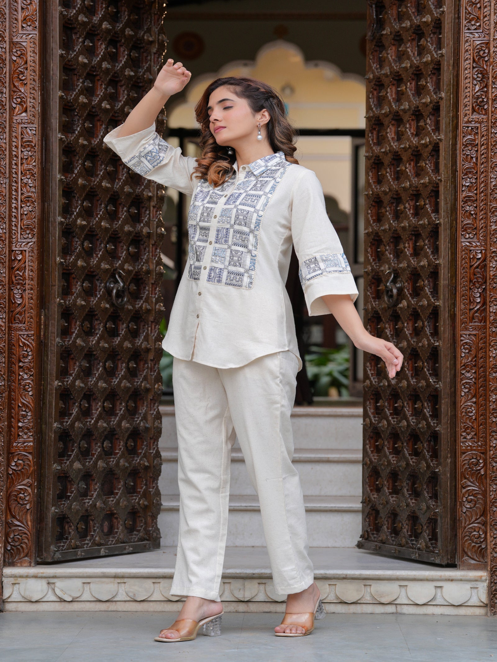 Maluka Women Cotton Flex Embroidery Off-White Co-Ord Set