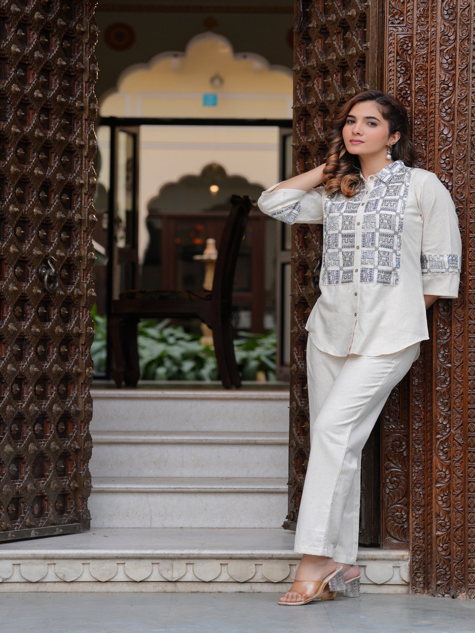Maluka Women Cotton Flex Embroidery Off-White Co-Ord Set