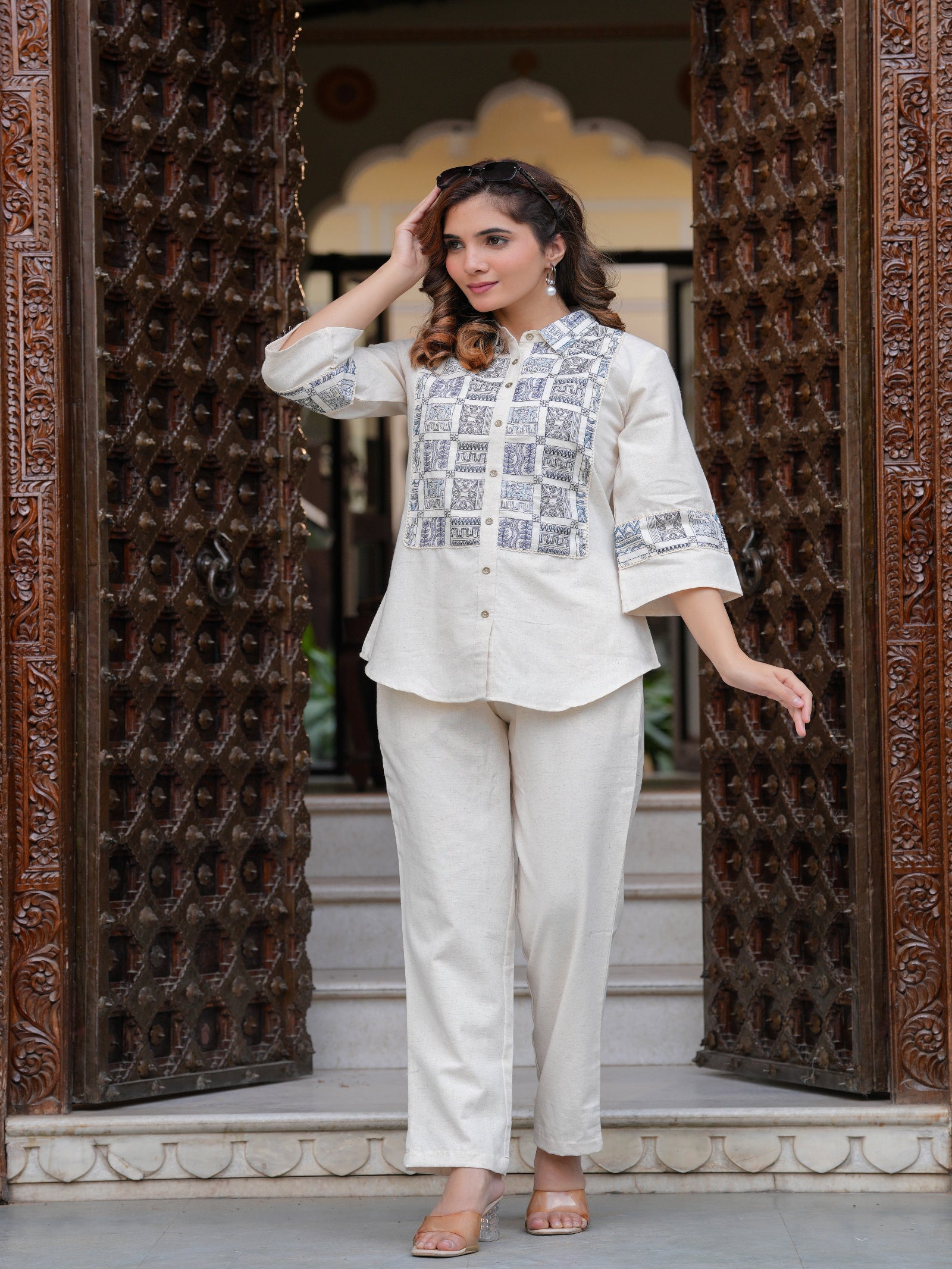 Maluka Women Cotton Flex Embroidery Off-White Co-Ord Set
