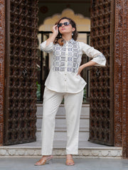 Maluka Women Cotton Flex Embroidery Off-White Co-Ord Set