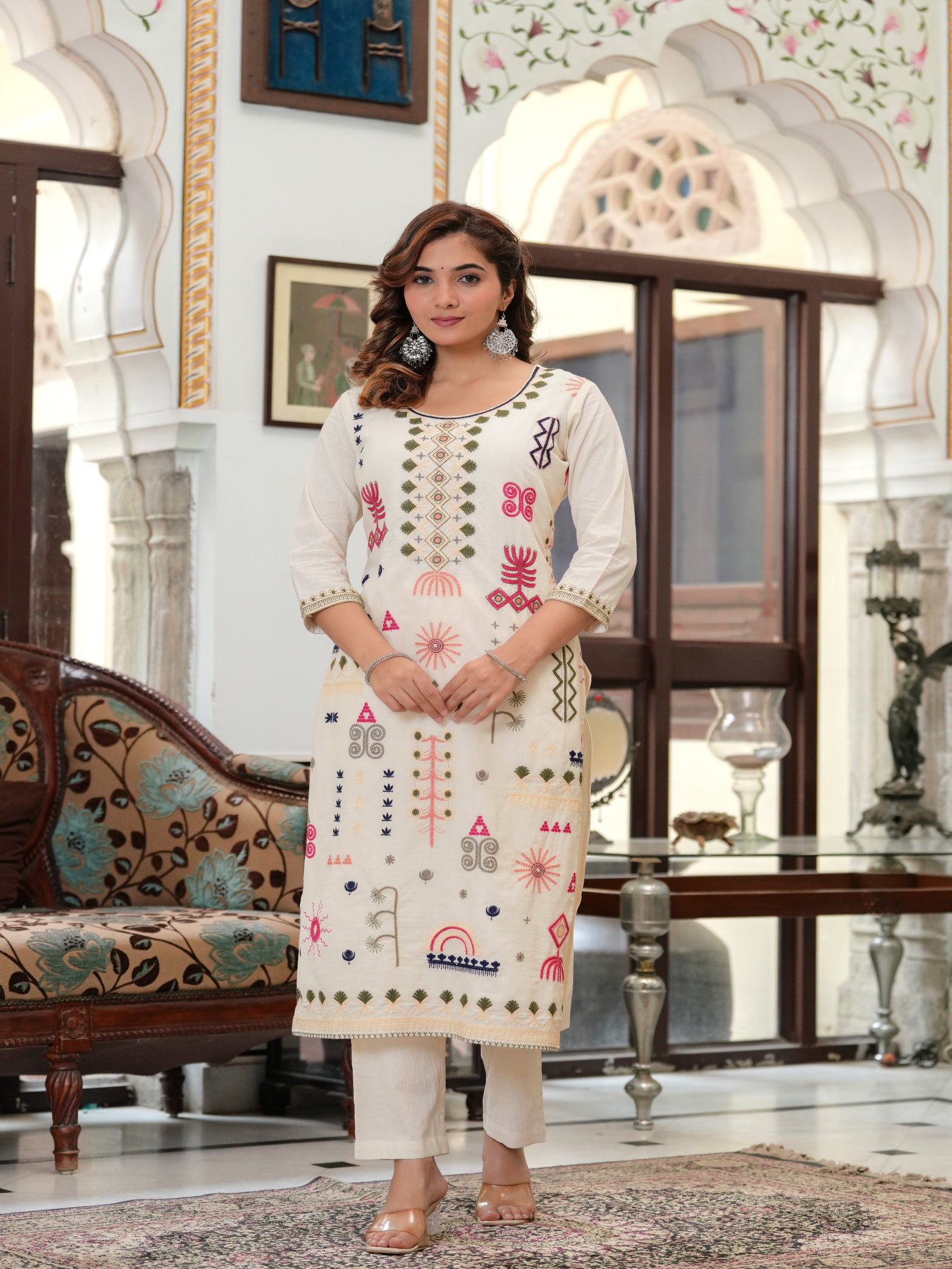 Maluka Women Off White Peach Emb. Cotton Printed Kurta Pant Dupatta Set