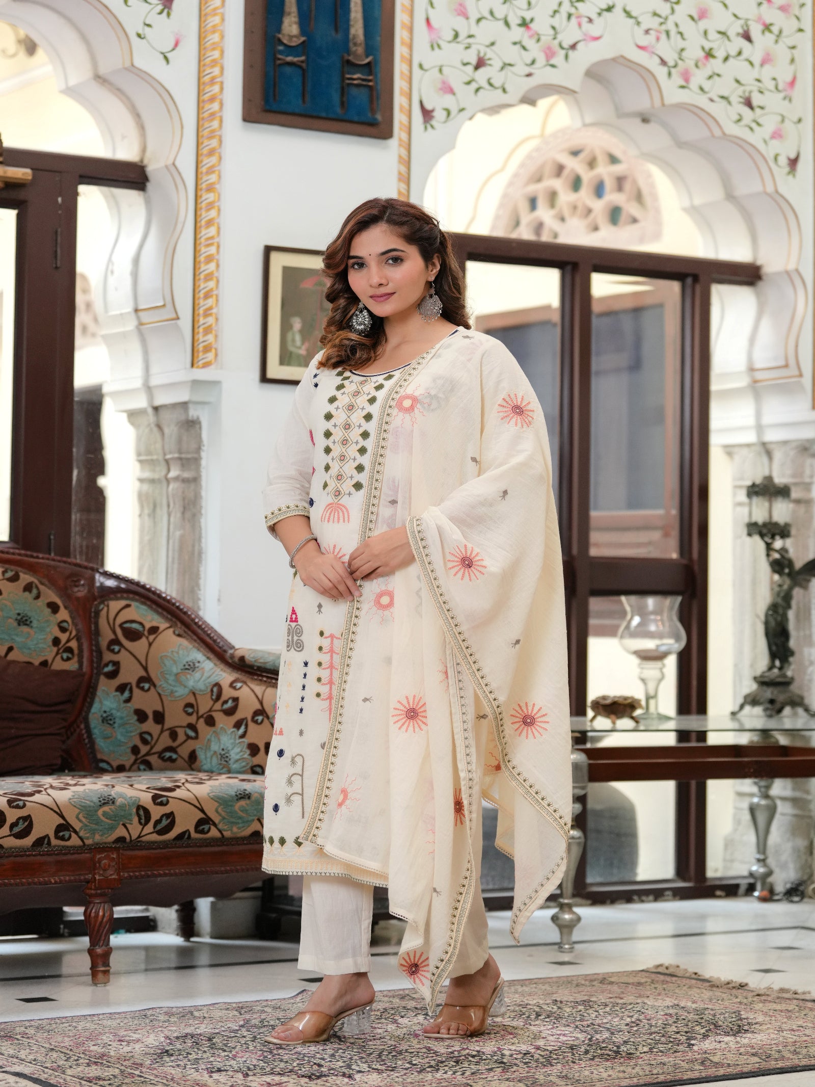 Maluka Women Off White Peach Emb. Cotton Printed Kurta Pant Dupatta Set