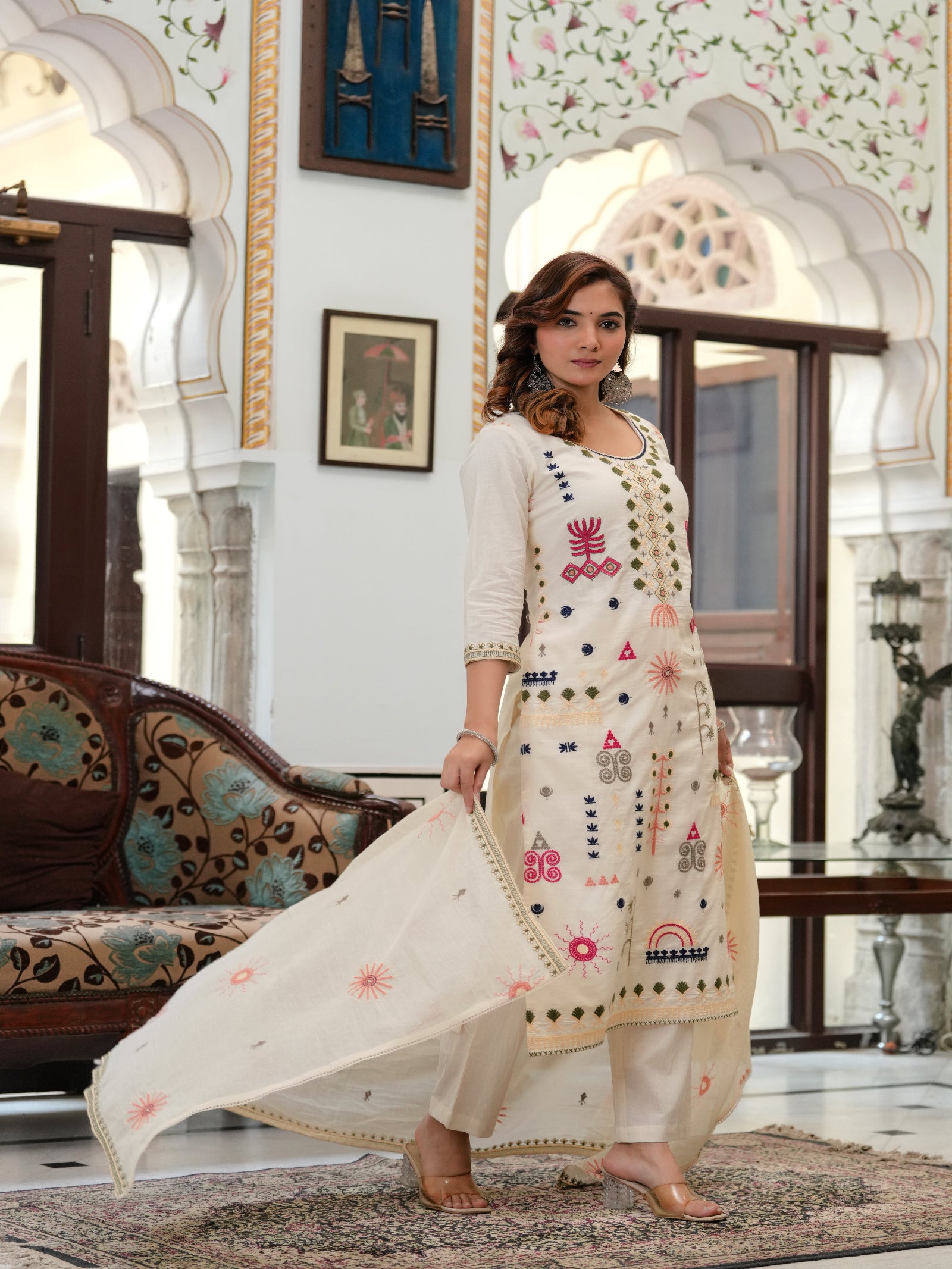 Maluka Women Off White Peach Emb. Cotton Printed Kurta Pant Dupatta Set