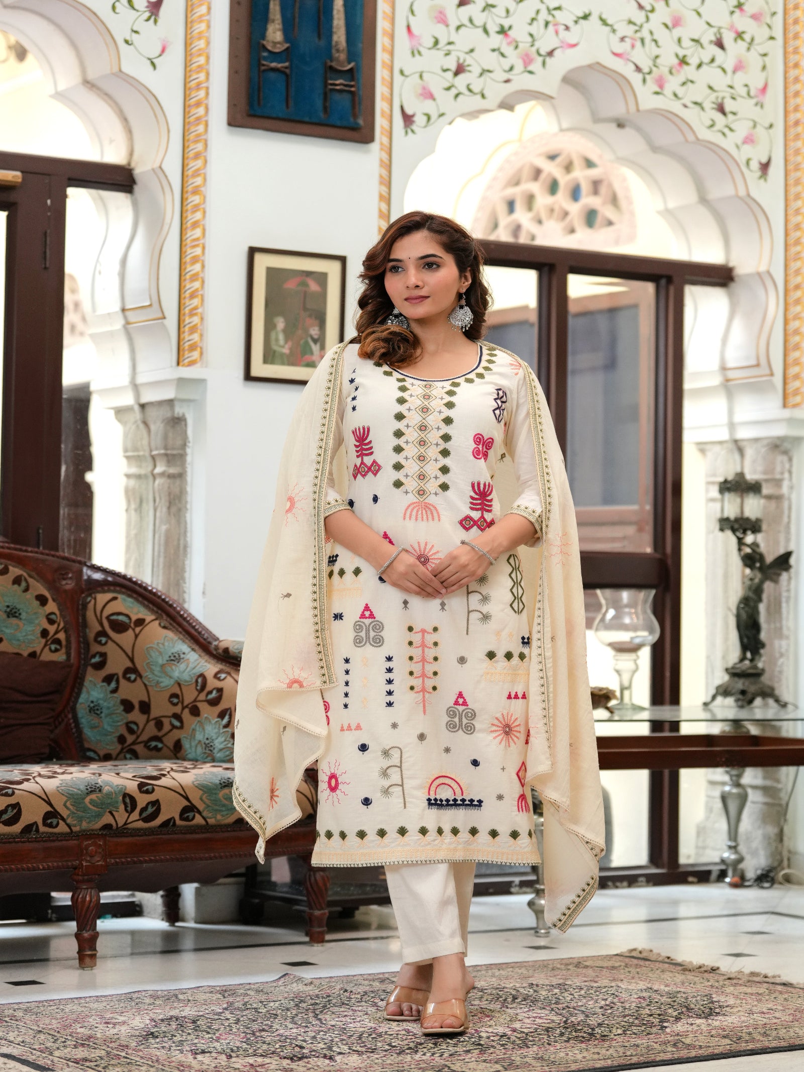 Maluka Women Off White Peach Emb. Cotton Printed Kurta Pant Dupatta Set