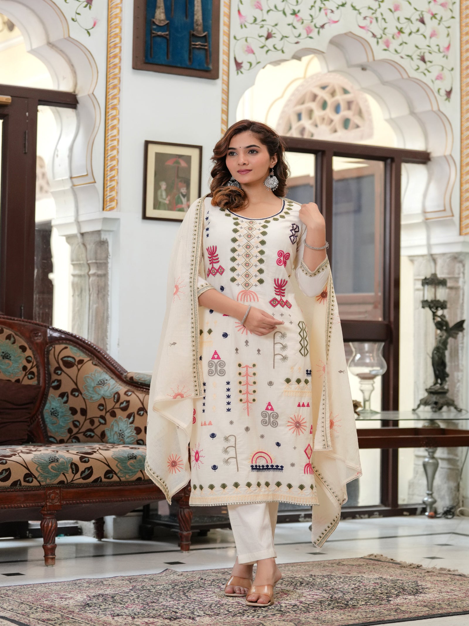 Maluka Women Off White Peach Emb. Cotton Printed Kurta Pant Dupatta Set