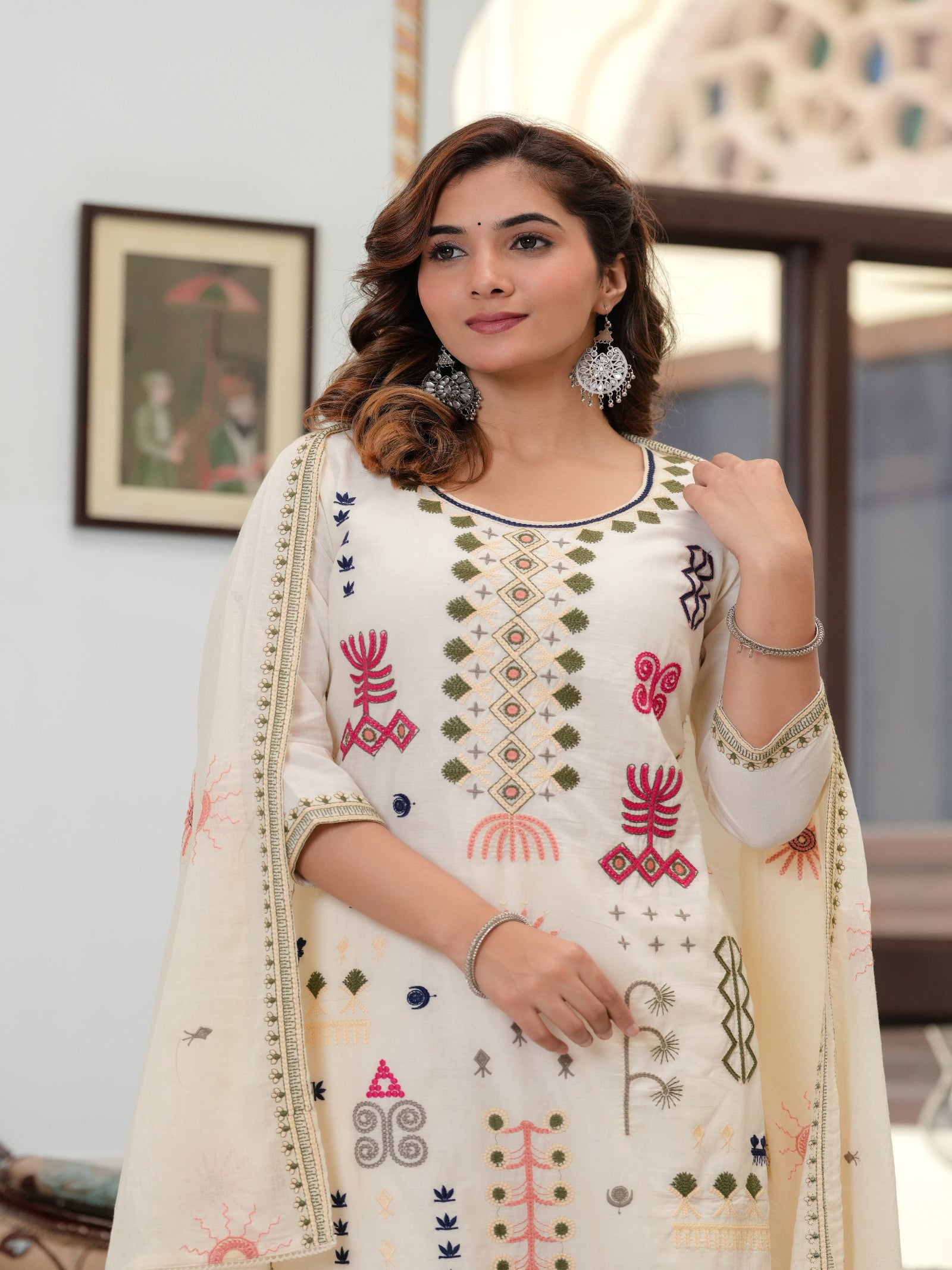 Maluka Women Off White Peach Emb. Cotton Printed Kurta Pant Dupatta Set