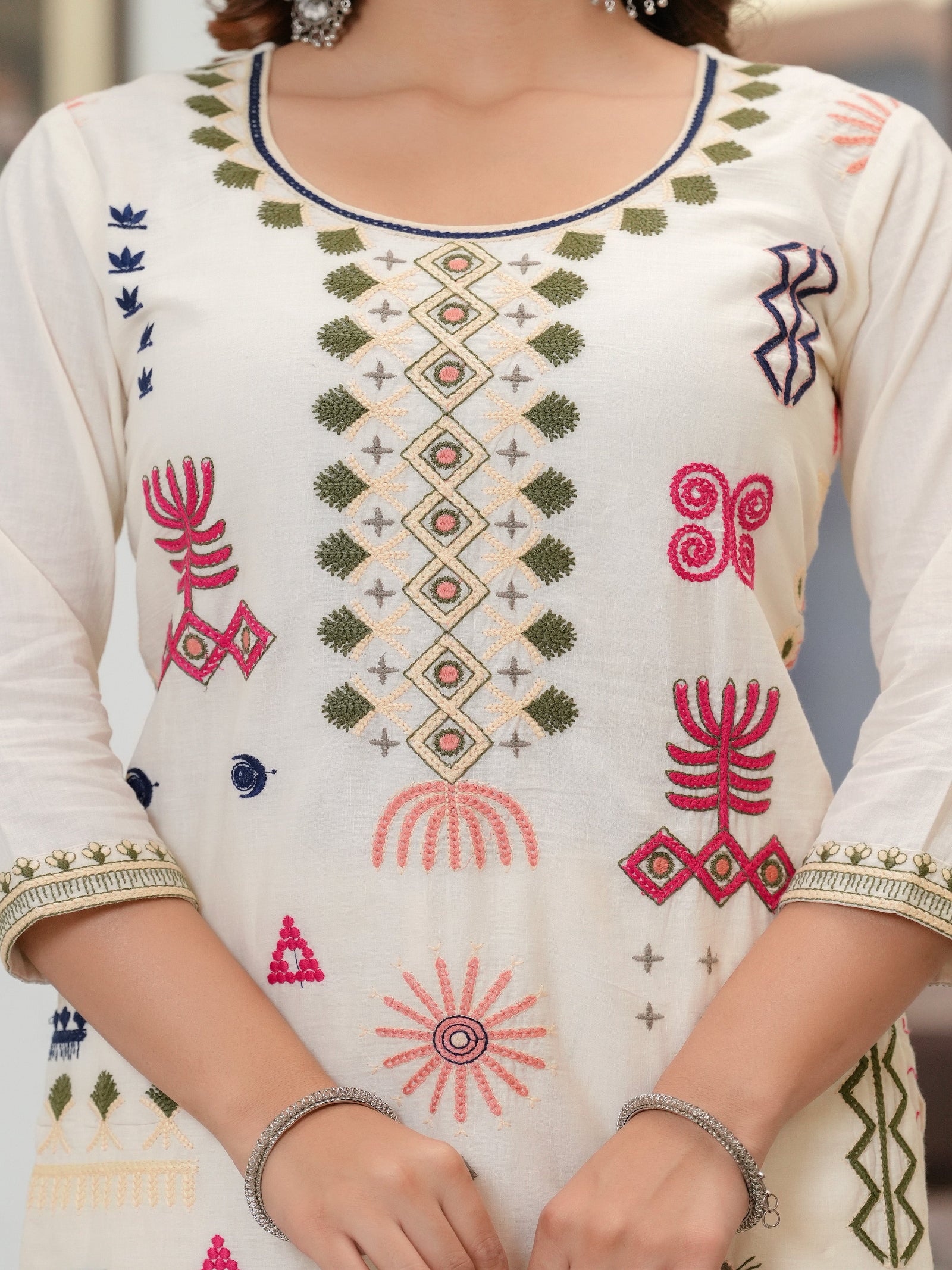 Maluka Women Off White Peach Emb. Cotton Printed Kurta Pant Dupatta Set