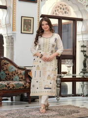 Maluka Women Off White Blue Emb. Cotton Printed Kurta Pant Dupatta Set