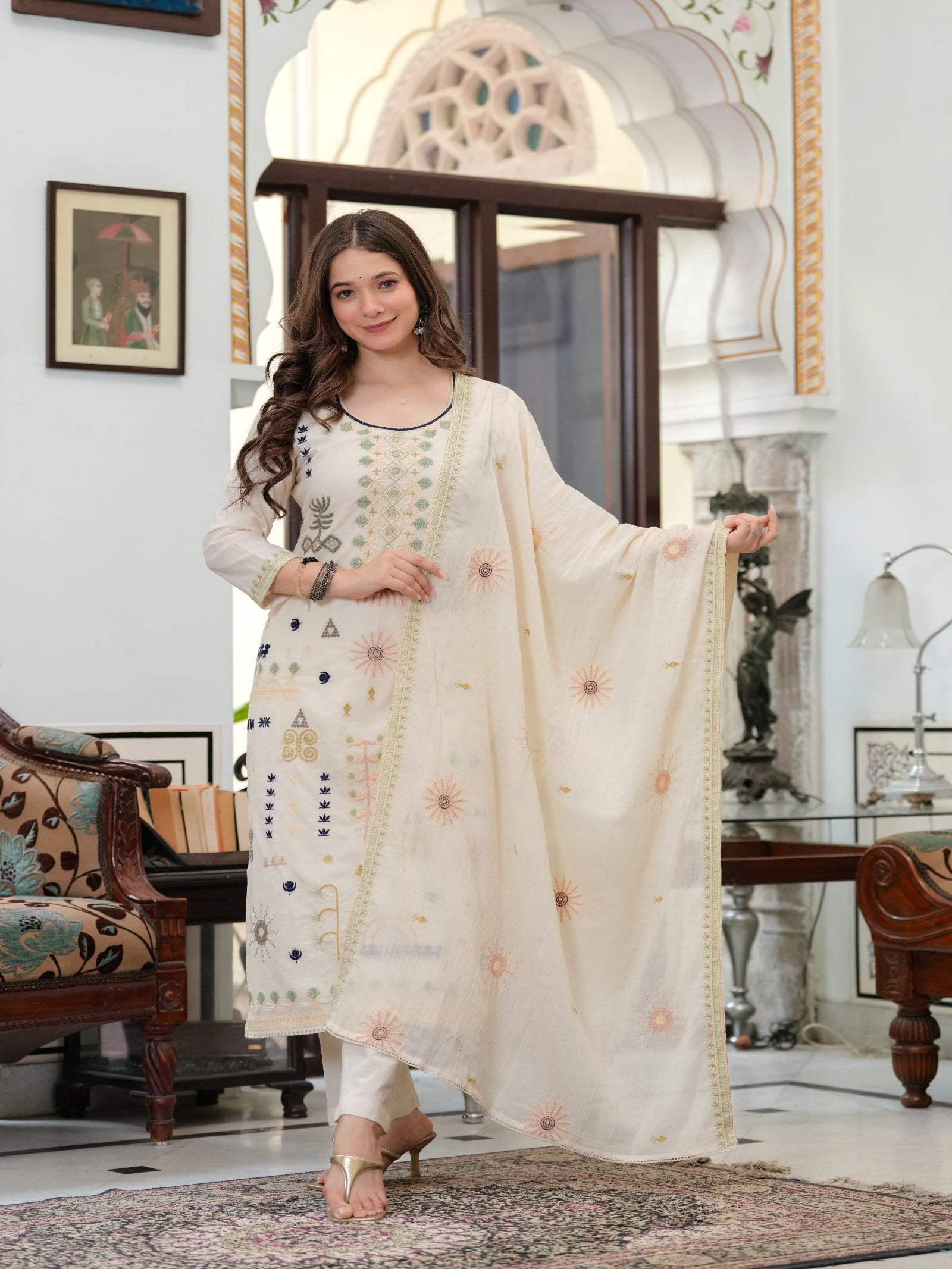Maluka Women Off White Blue Emb. Cotton Printed Kurta Pant Dupatta Set