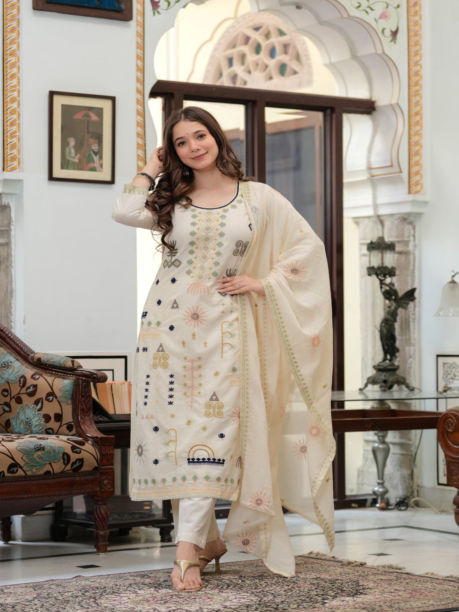 Maluka Women Off White Blue Emb. Cotton Printed Kurta Pant Dupatta Set