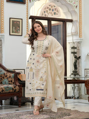 Maluka Women Off White Blue Emb. Cotton Printed Kurta Pant Dupatta Set