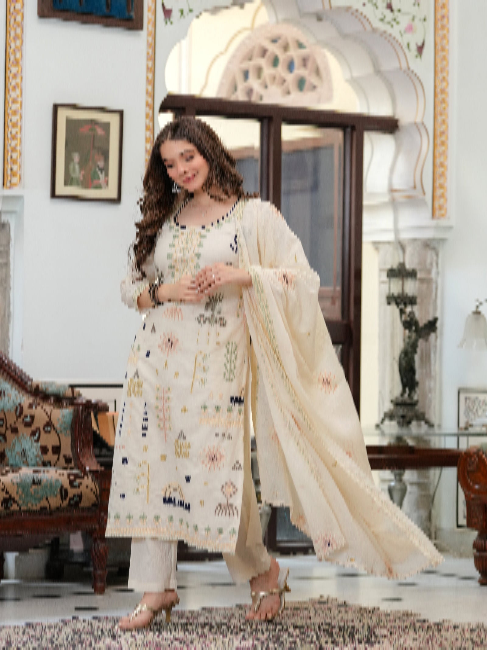 Maluka Women Off White Blue Emb. Cotton Printed Kurta Pant Dupatta Set