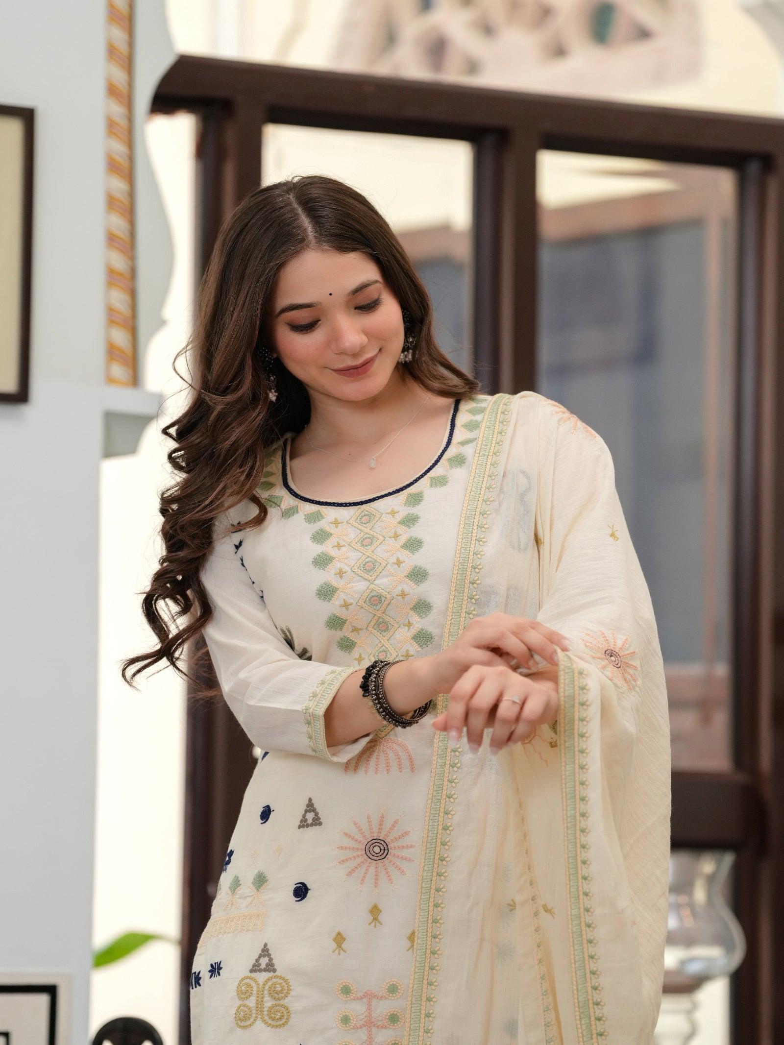 Maluka Women Off White Blue Emb. Cotton Printed Kurta Pant Dupatta Set