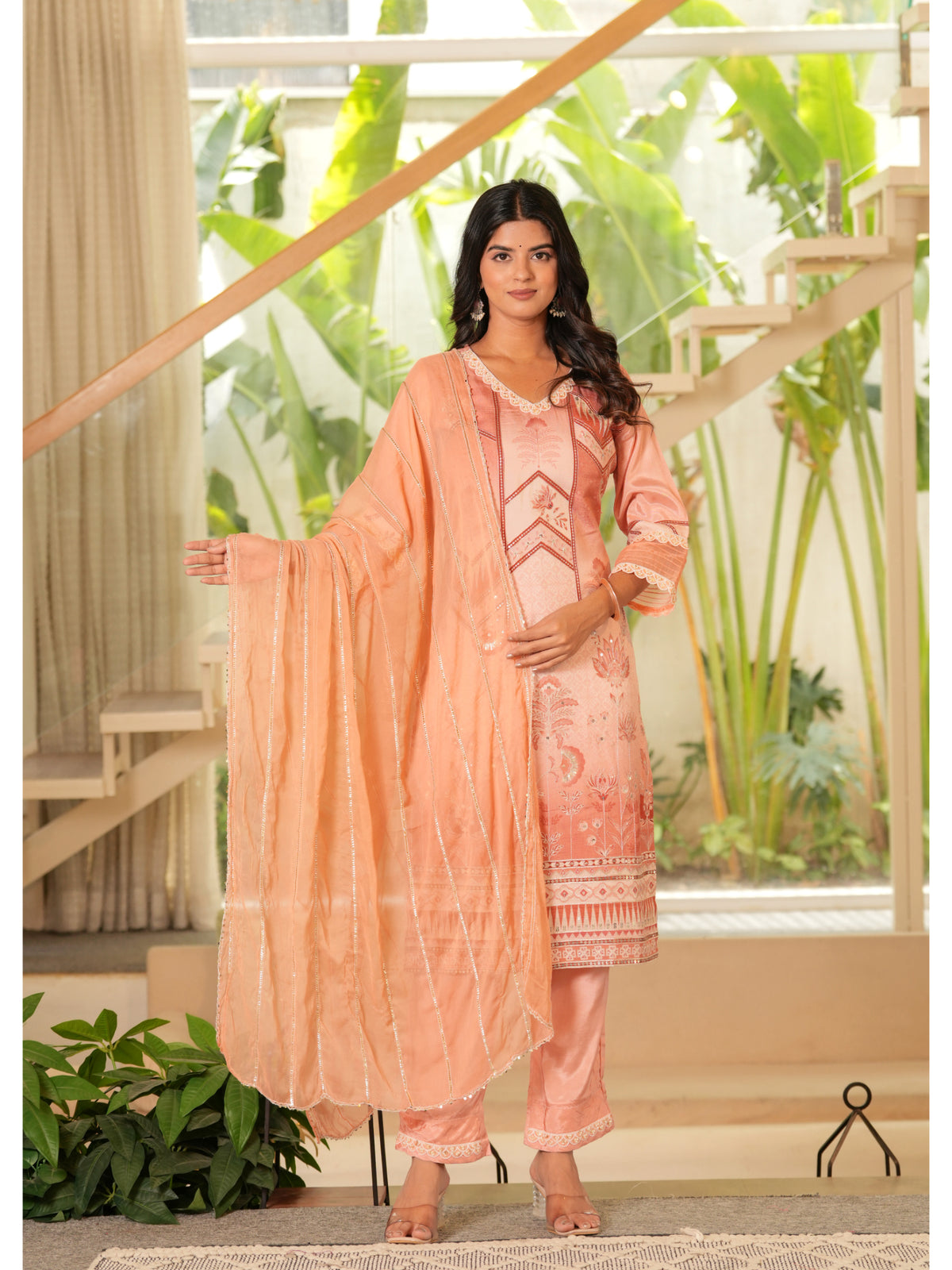 Maluka Women Peach Maslin Printed Kurta Pant Duptta set