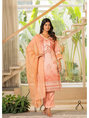 Maluka Women Peach Maslin Printed Kurta Pant Duptta set