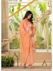 Maluka Women Peach Maslin Printed Kurta Pant Duptta set