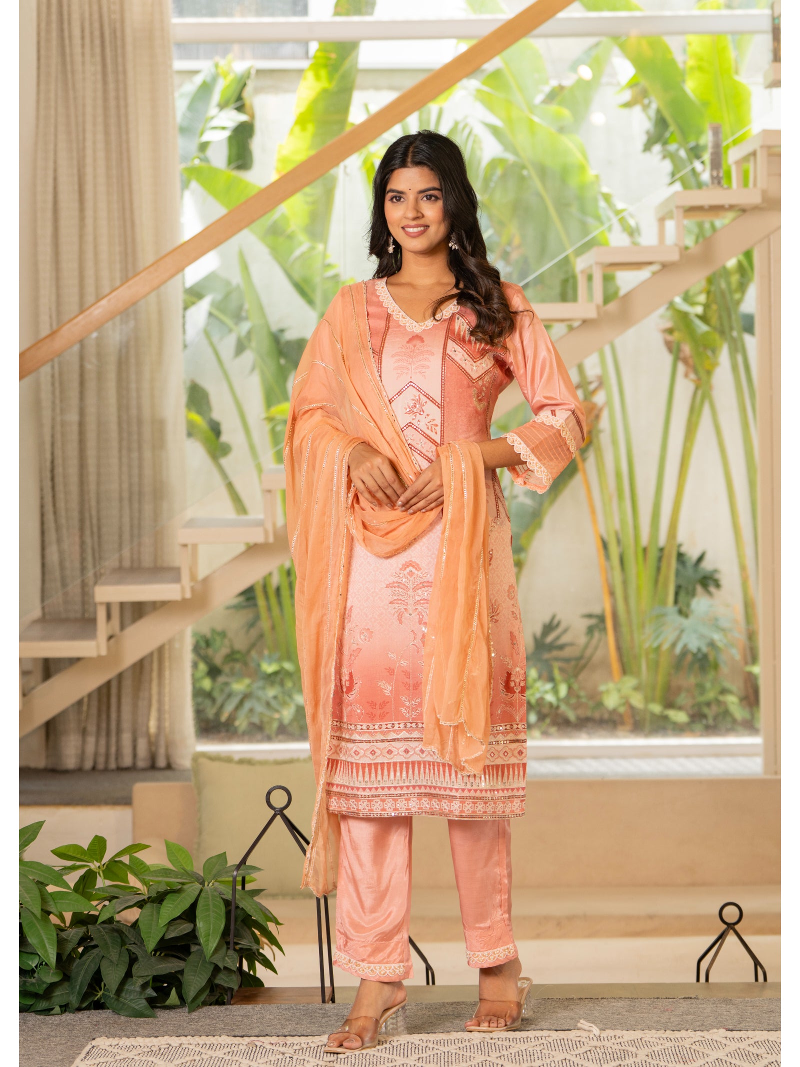 Maluka Women Peach Maslin Printed Kurta Pant Duptta set