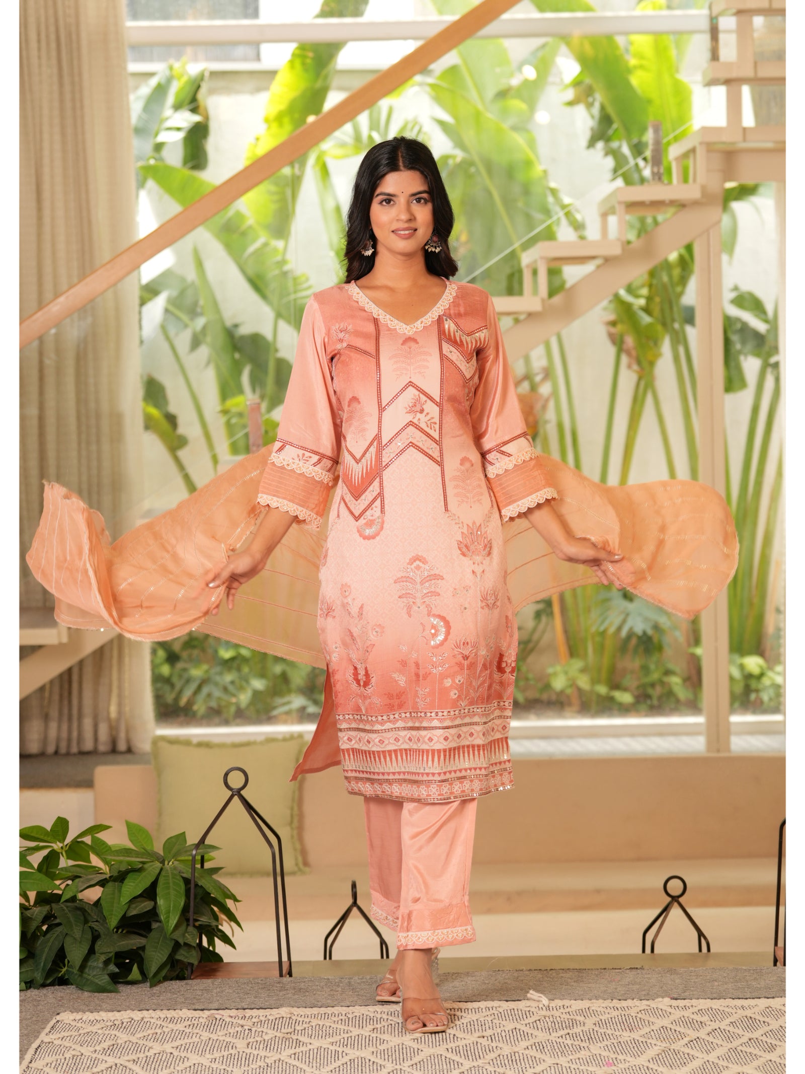 Maluka Women Peach Maslin Printed Kurta Pant Duptta set