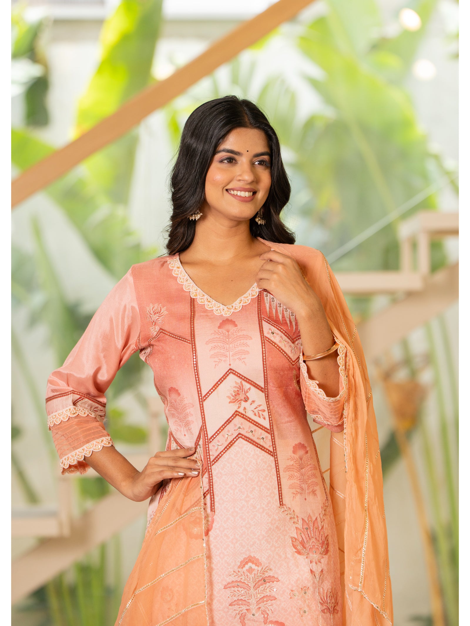 Maluka Women Peach Maslin Printed Kurta Pant Duptta set