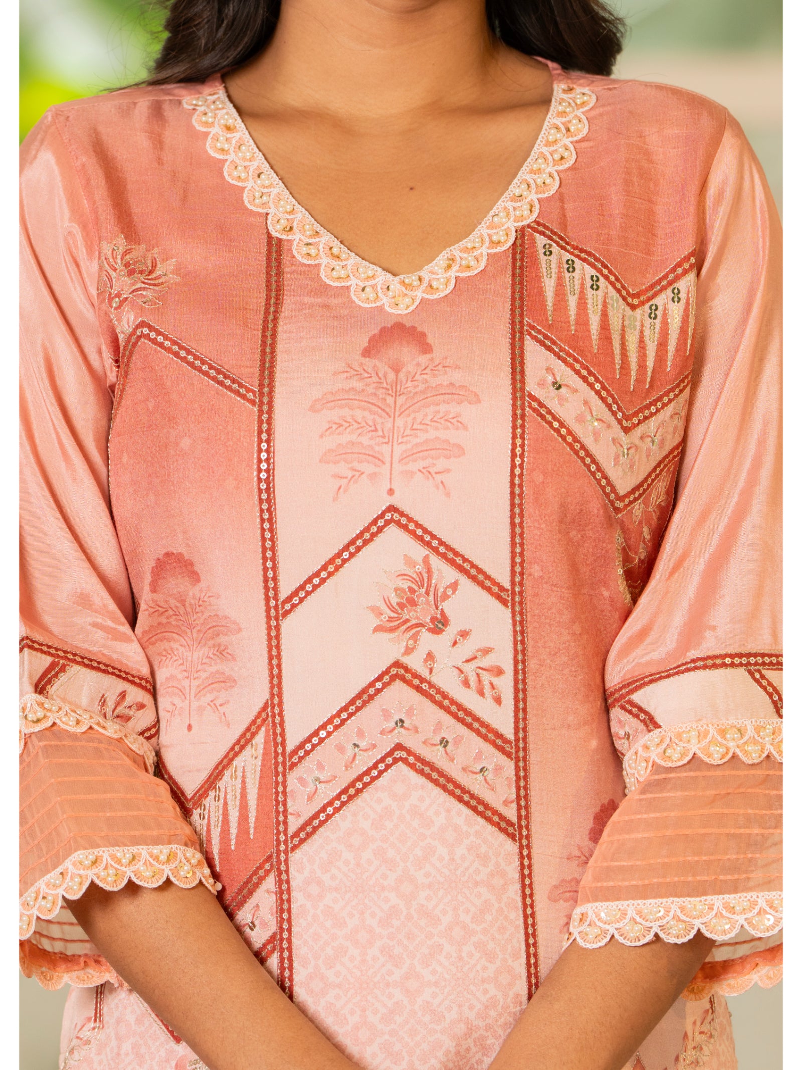 Maluka Women Peach Maslin Printed Kurta Pant Duptta set
