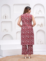Maluka Women Maroon Cotton Floral Printed Kurta Pant Set