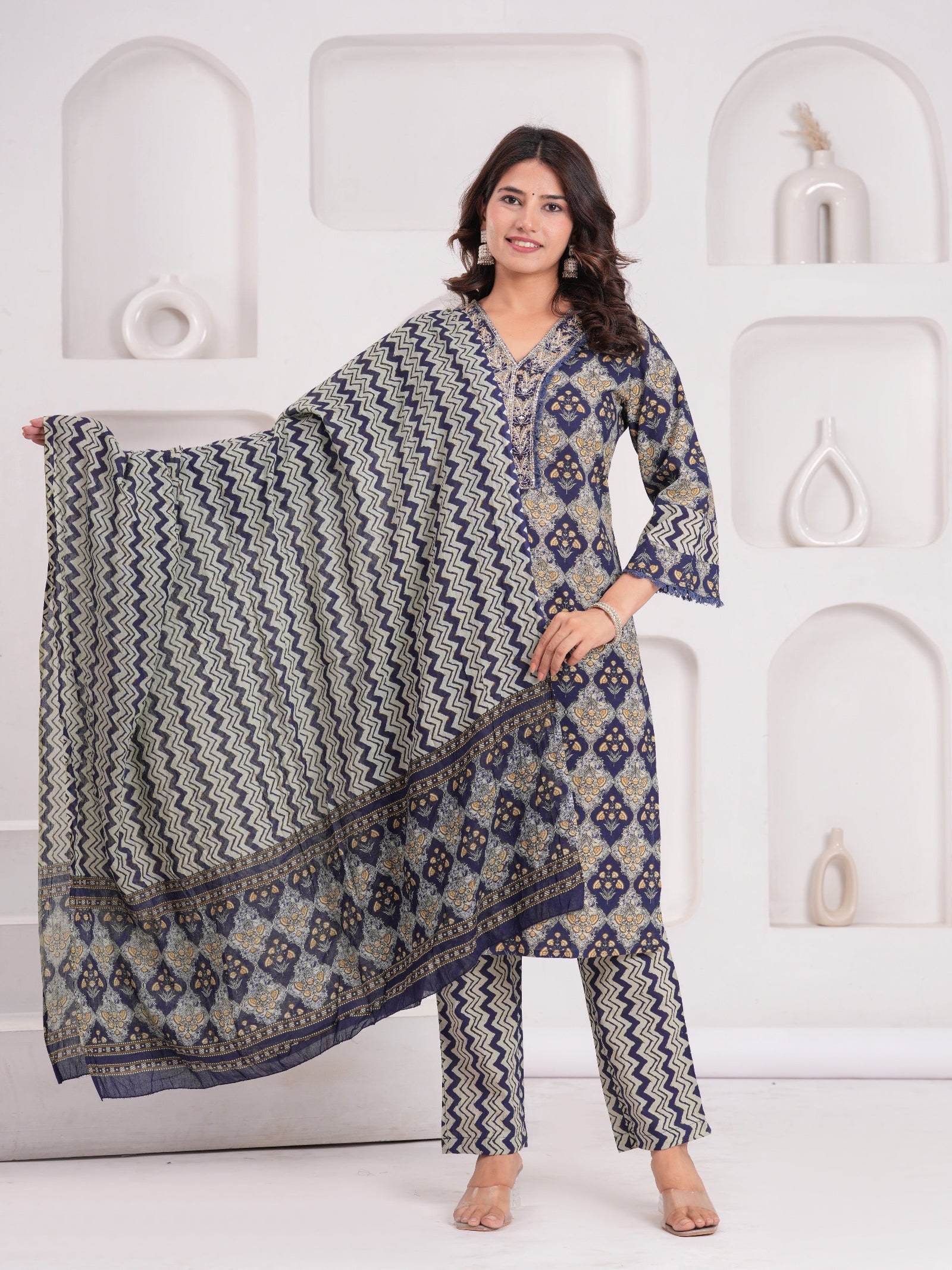 Maluka Women Navy Cotton Printed Kurta Pant Dupatta Set