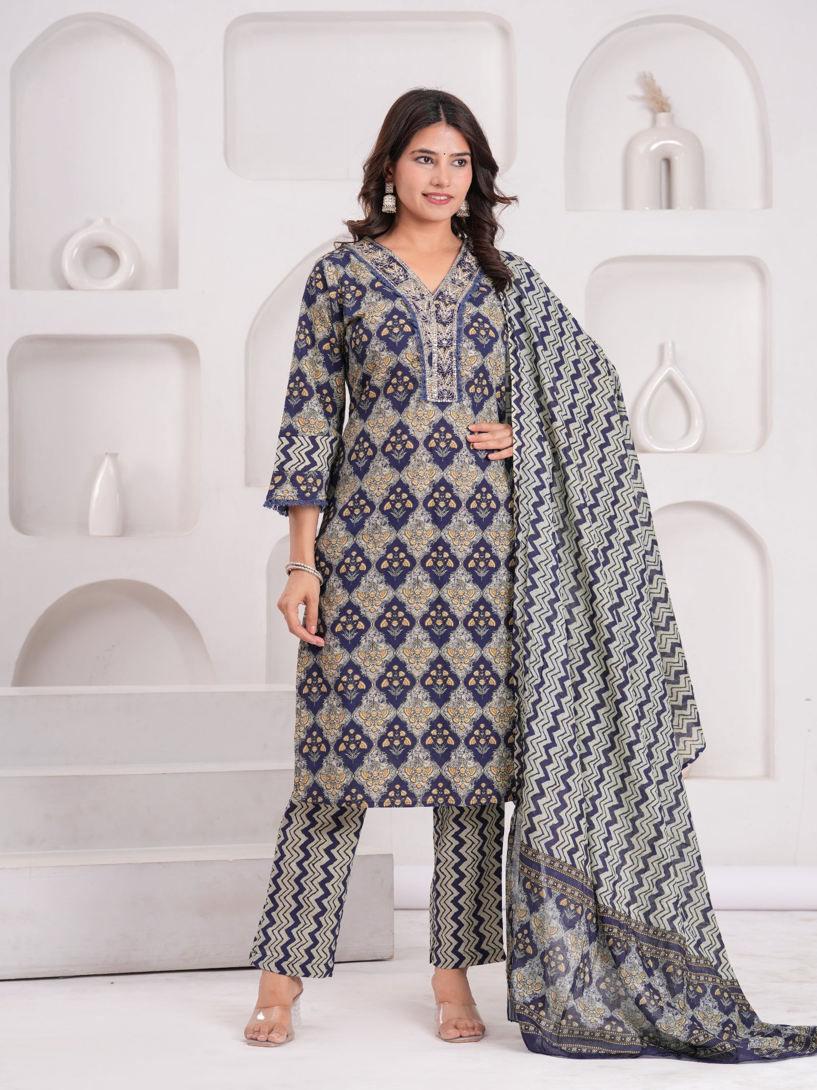 Maluka Women Navy Cotton Printed Kurta Pant Dupatta Set