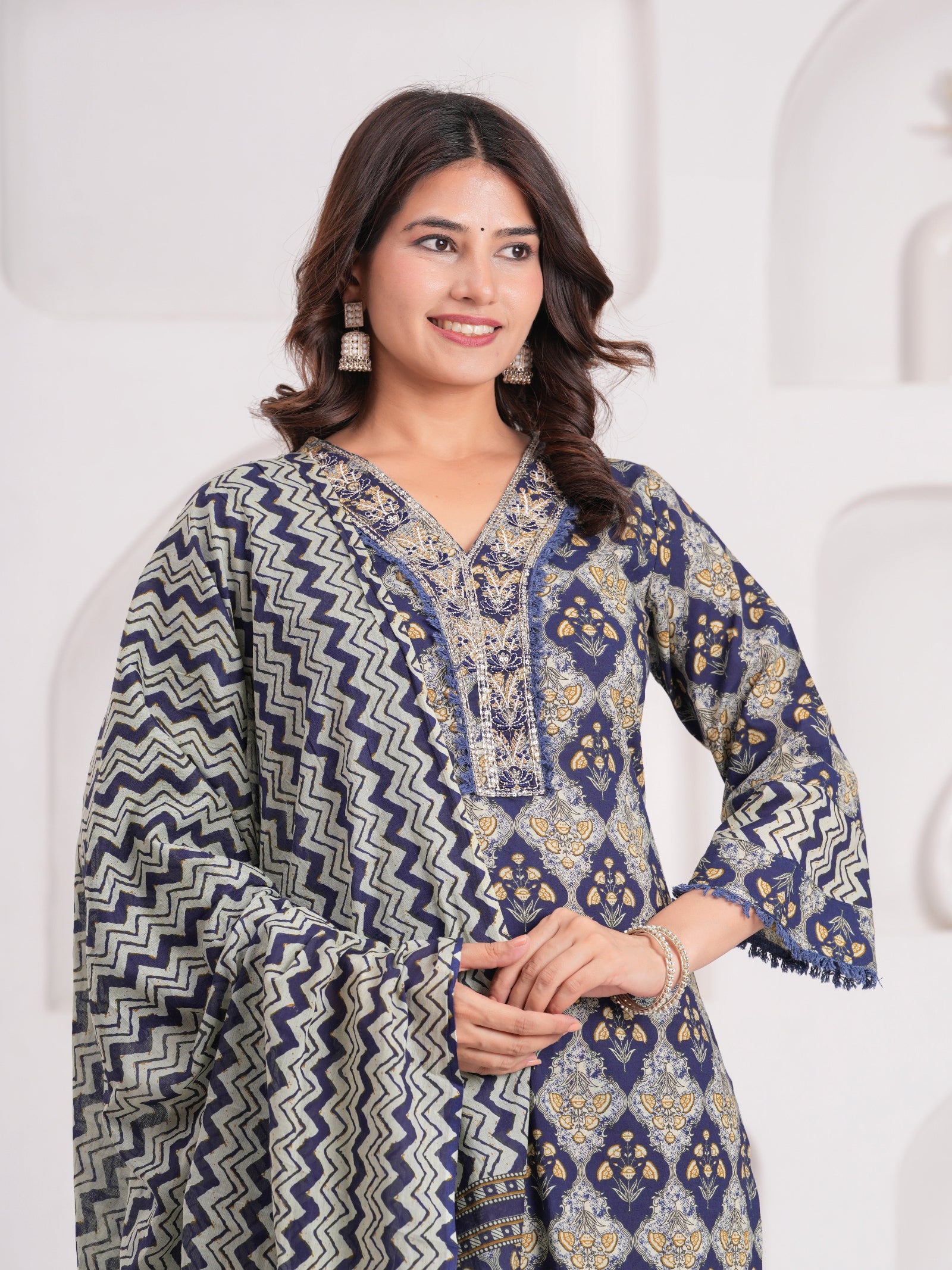 Maluka Women Navy Cotton Printed Kurta Pant Dupatta Set